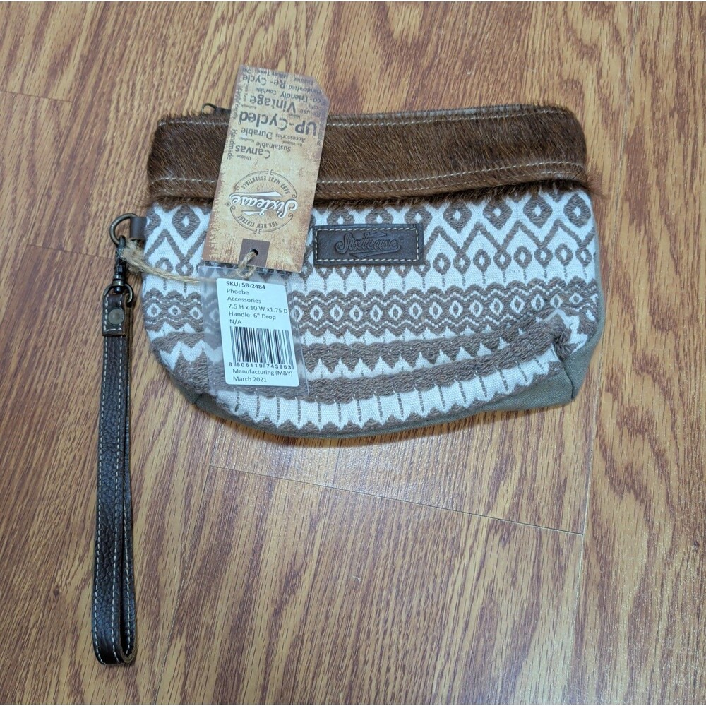 Sixtease Phoebe Upcycled Canvas Hairon Hide Leather Wristlet Bag NWT